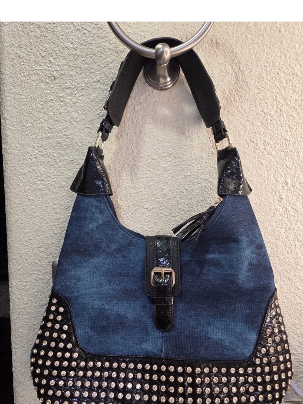 Denim Shoulder Hobo Bag with Black Studded Trim